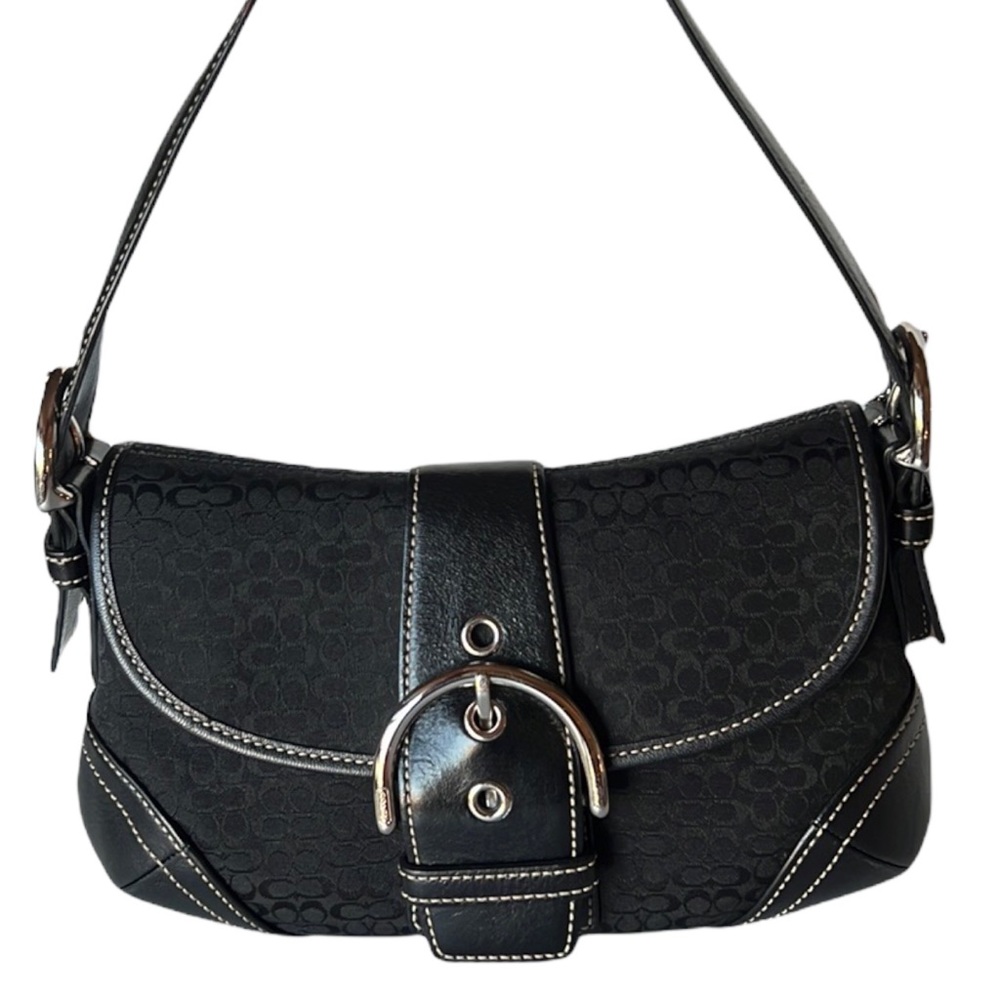 COACH shoulder bag - black monogram canvas with black leather trim.